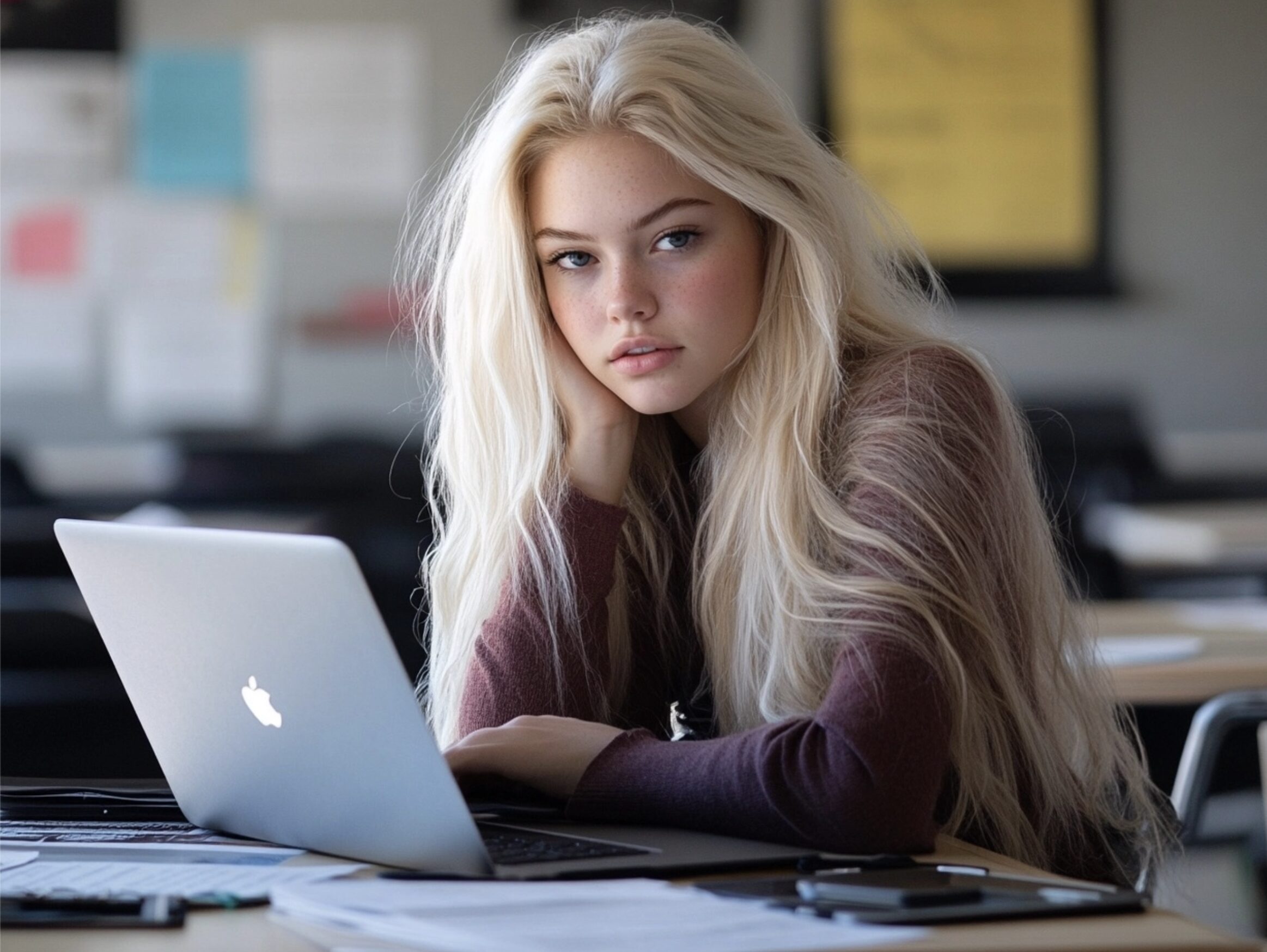 A blonde student with long hair studies on her laptop in a classroom, surrounded by papers and study materials.