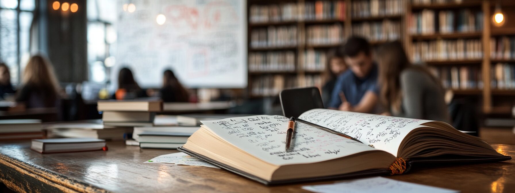 Open book with handwritten notes on a table, blurred students studying in the background
