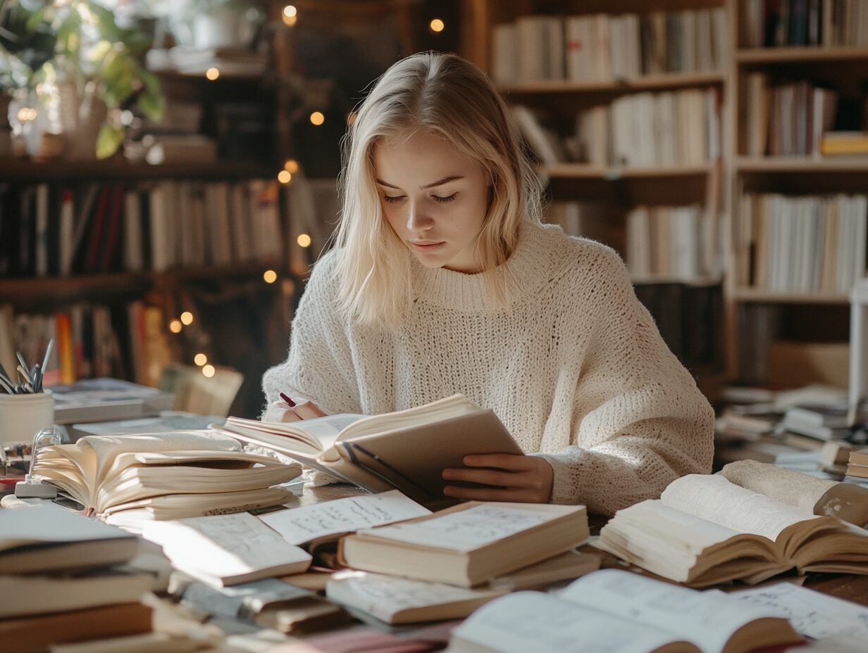 Focused female student in a cozy room reading and writing among piles of books